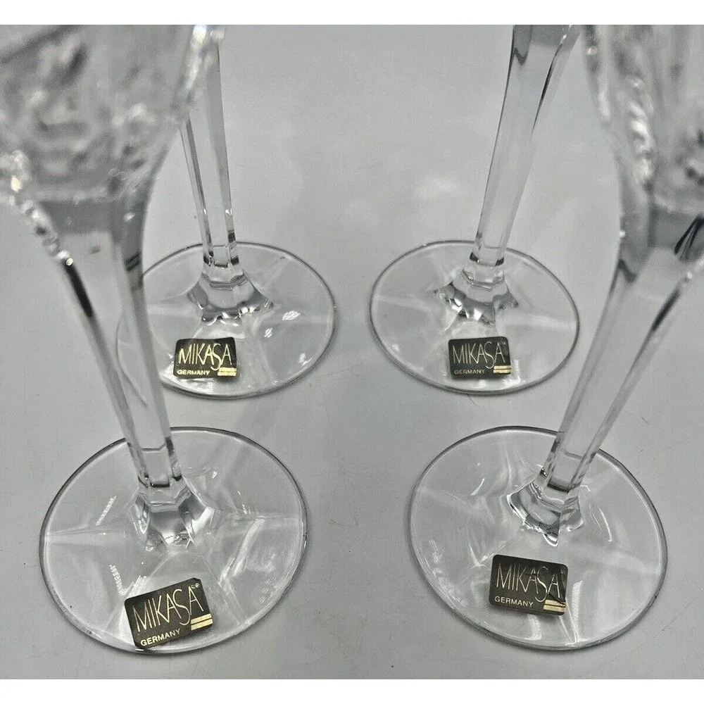 4 Vintage Mikasa Wine Goblets Uptown Crystal Glasses Vertical Cut Swirl Clear 9